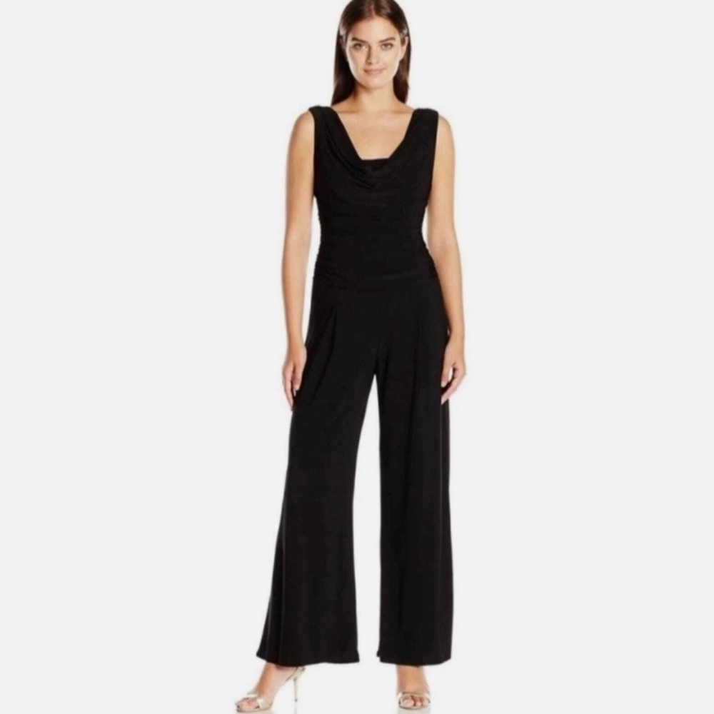 R&M Richards Dressy Cowl neck sleeveless wide legged jumpsuit in black size 12